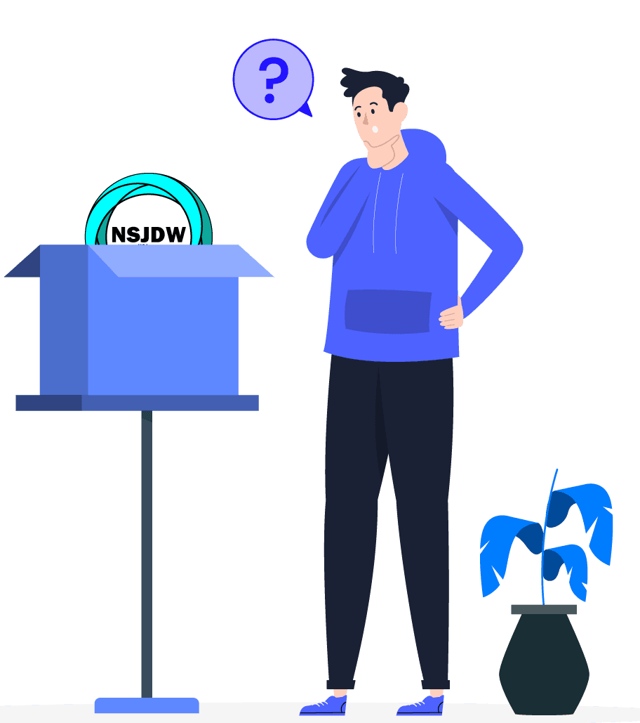 Piirroskuva miehestä, joka pohtii valintaa NsjDigitalWorks-logolla varustetun paketin äärellä.